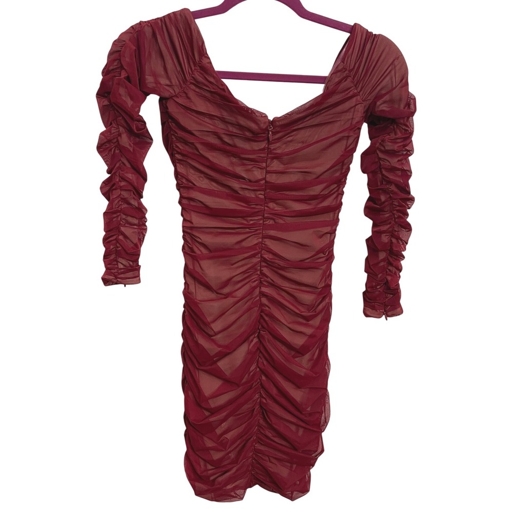 House of‎ CB Fifi Wine Red Ruched Tulle Mesh Bodycon Dress Glam XS ASO Beyoncé - Picture 3 of 4